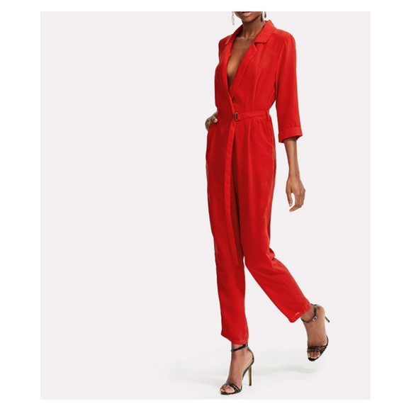 Bright Red V Neck Belted Jumpsuit - Picture 4 of 8